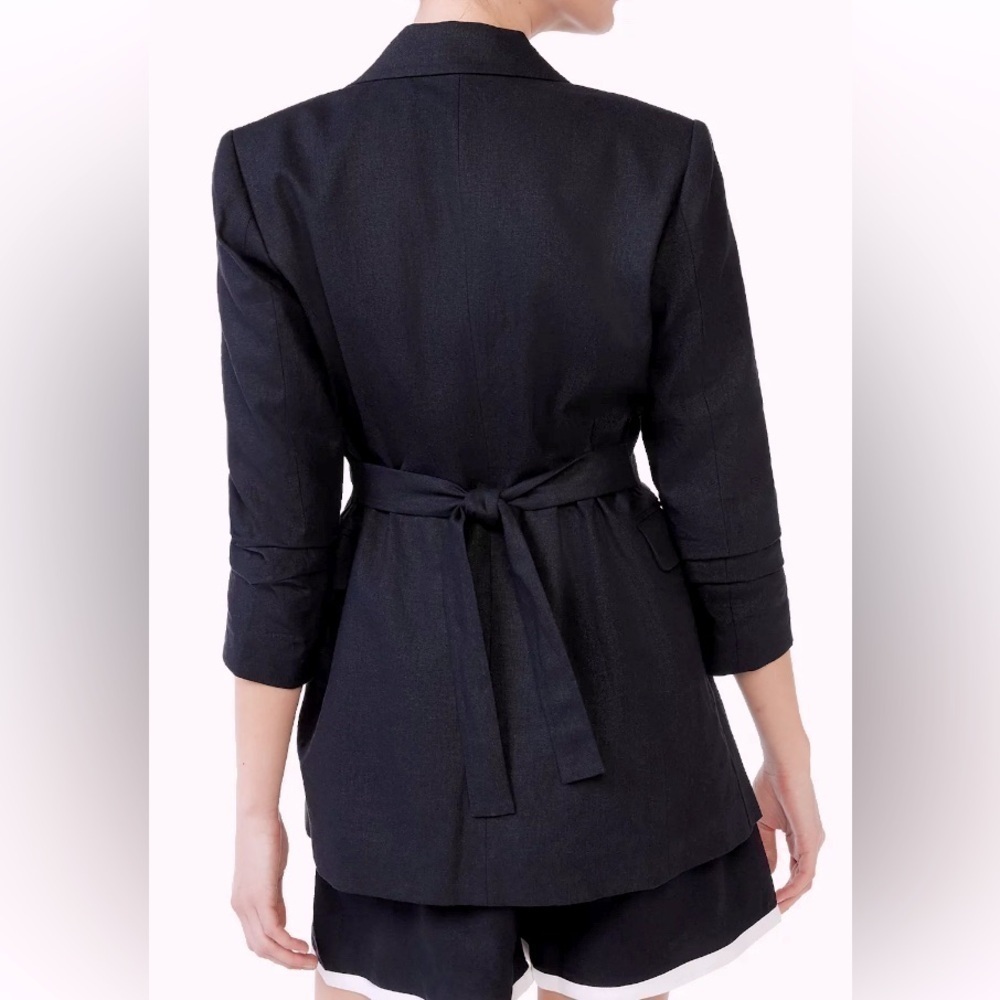 Scoop Linen-Blend Open Front Blazer with Tie Back and 3/4 Scrunch Sleeves - Picture 3 of 13